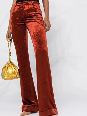 RARE Saint Laurent Velvet-Like Paisley Print Burgundy/Orange Flare Pant